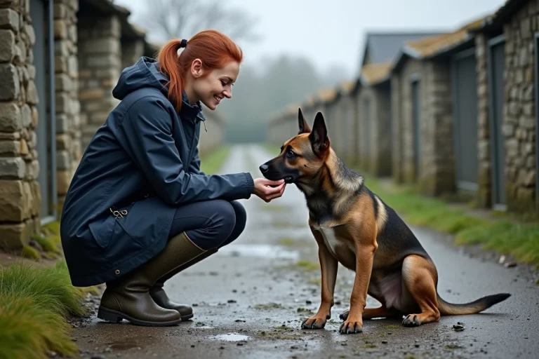 Femme accroupie tendant la main à un chien croisé dans un refuge canin breton aux murs en pierre