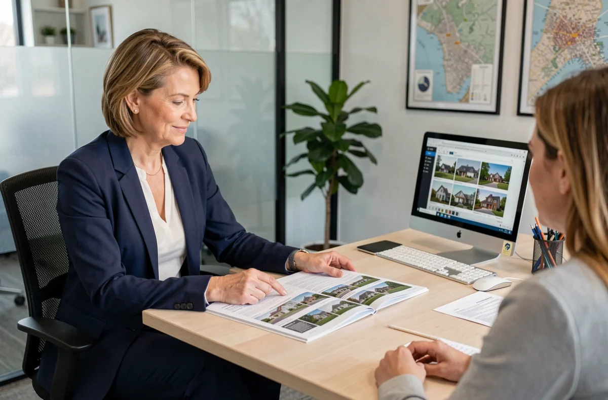Agent immobilier présentant des annonces de location à un locataire potentiel dans une agence