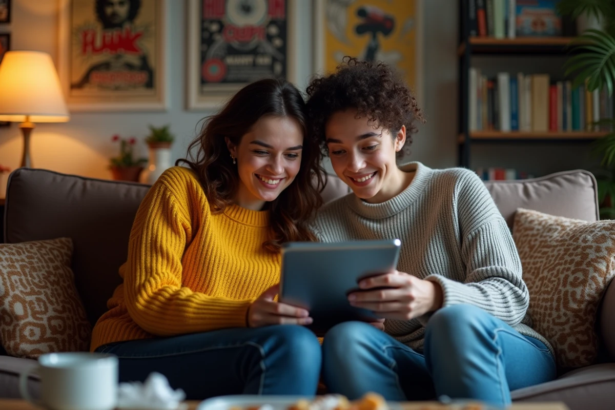Deux amis réagissant ensemble à des révélations et leaks sur une tablette dans un salon geek