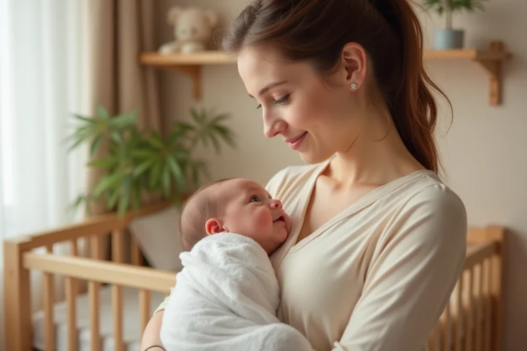 Jeune maman tenant son nouveau-né dans les bras, les deux se regardant avec tendresse dans une chambre de bébé douce et apaisante