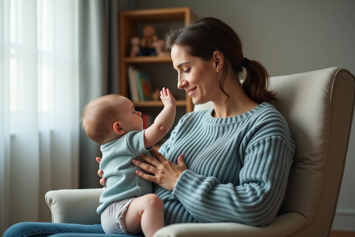 Bébé de six mois tendant la main vers le visage de sa maman assise dans un rocking-chair, illustrant la reconnaissance précoce du nourrisson
