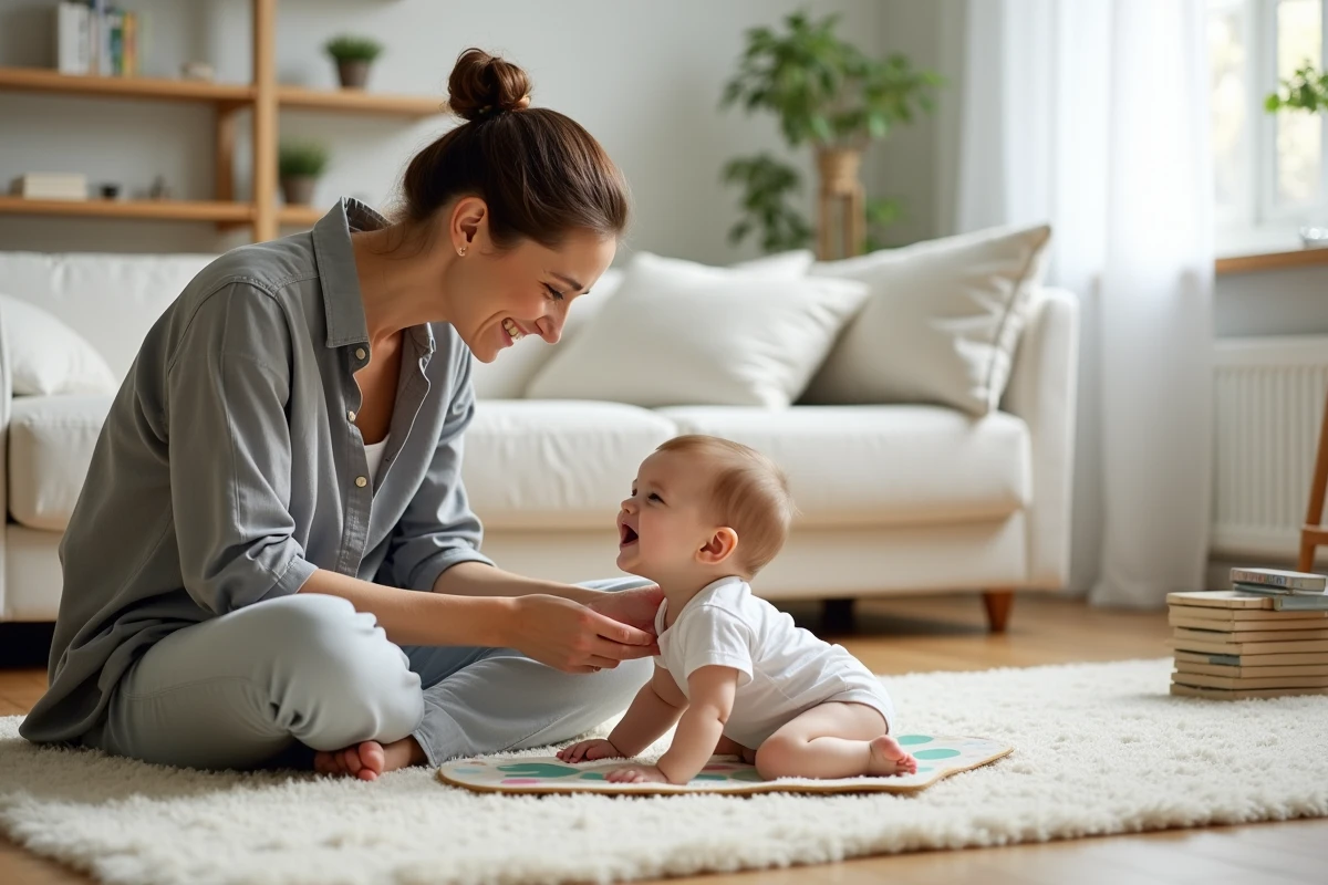 Maman souriante interagissant avec son bébé de trois mois allongé sur un tapis d'éveil, bébé souriant en la reconnaissant