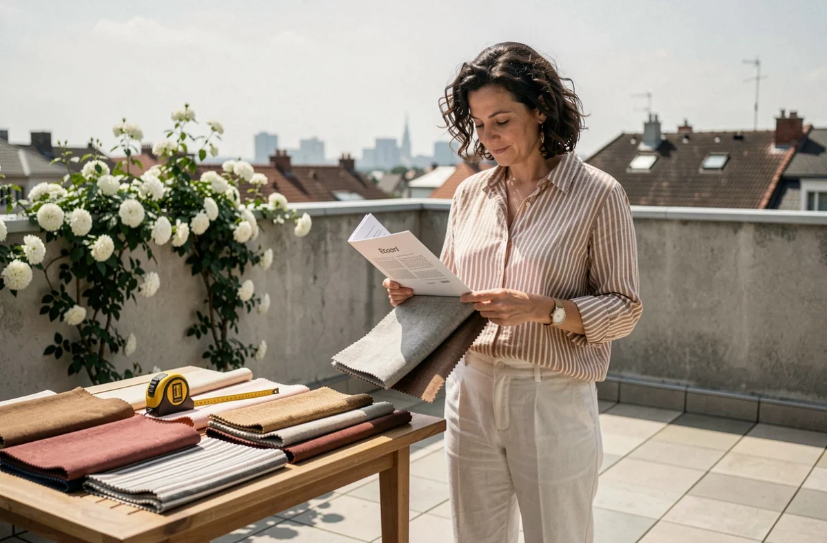 Femme comparant des échantillons de tissu pour store banne sur une terrasse urbaine avec catalogue et mètre ruban