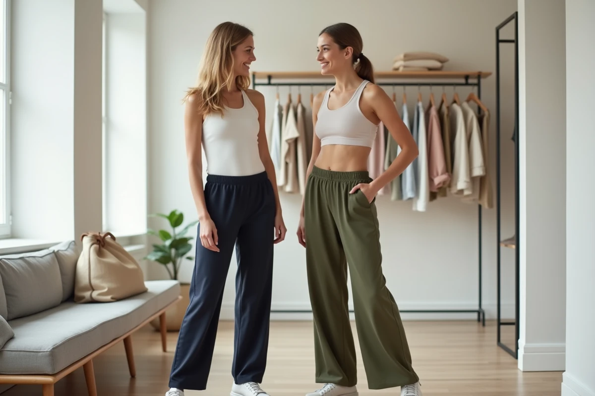Deux femmes comparant différents modèles de pantalons Halara pour choisir la meilleure coupe avant d'acheter