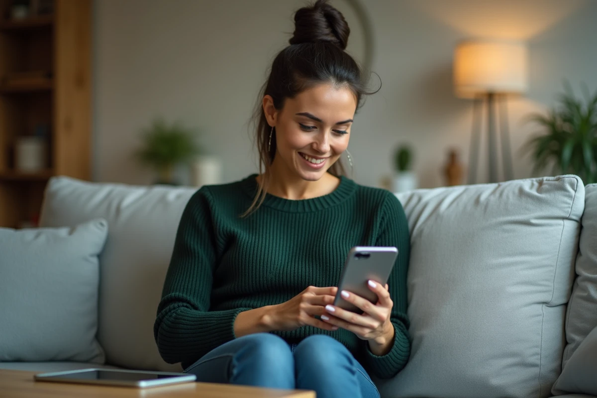 Jeune salariée consultant sa fiche de paie BNP Paribas Alis sur smartphone depuis chez elle