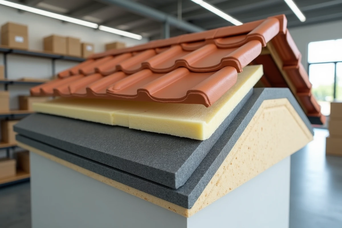 Coupe transversale détaillée d'une toiture multicouche exposant les matériaux d'isolation thermique en showroom
