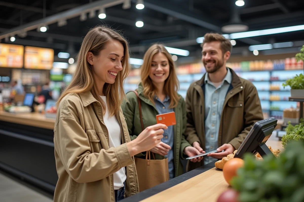 Couple utilisant la carte MCD dual sociétaire du Crédit Agricole pour un paiement sans contact en supermarché