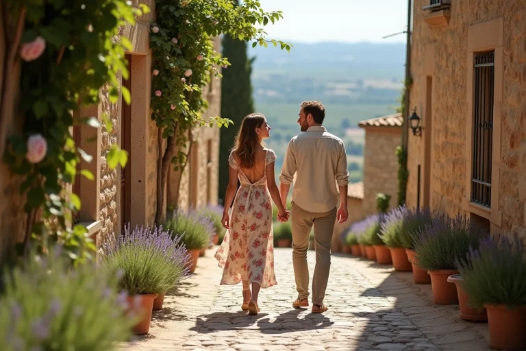 Couple se promenant main dans la main dans un village perché de Provence lors d'une escapade romantique en PACA