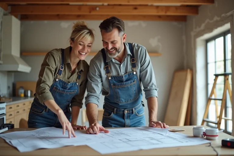 Couple d'âge moyen regardant des plans de rénovation dans une maison