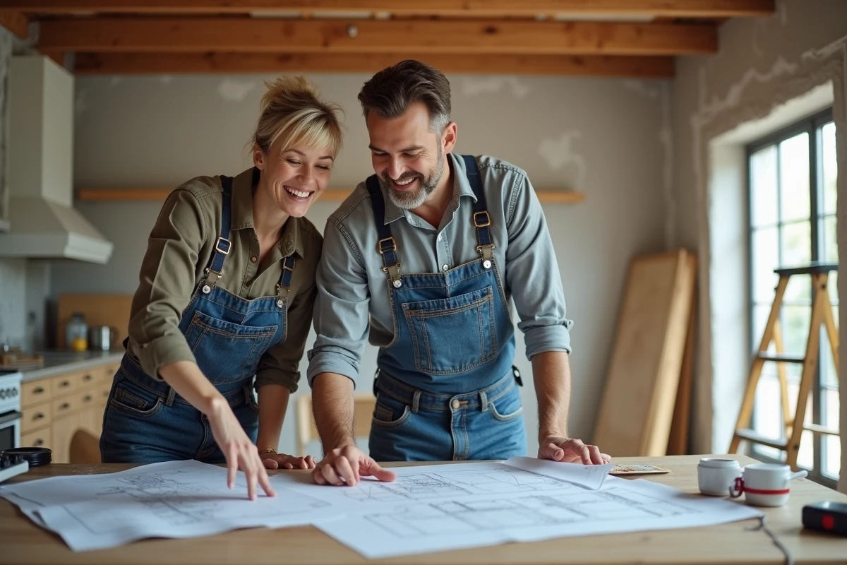 Couple d'âge moyen regardant des plans de rénovation dans une maison