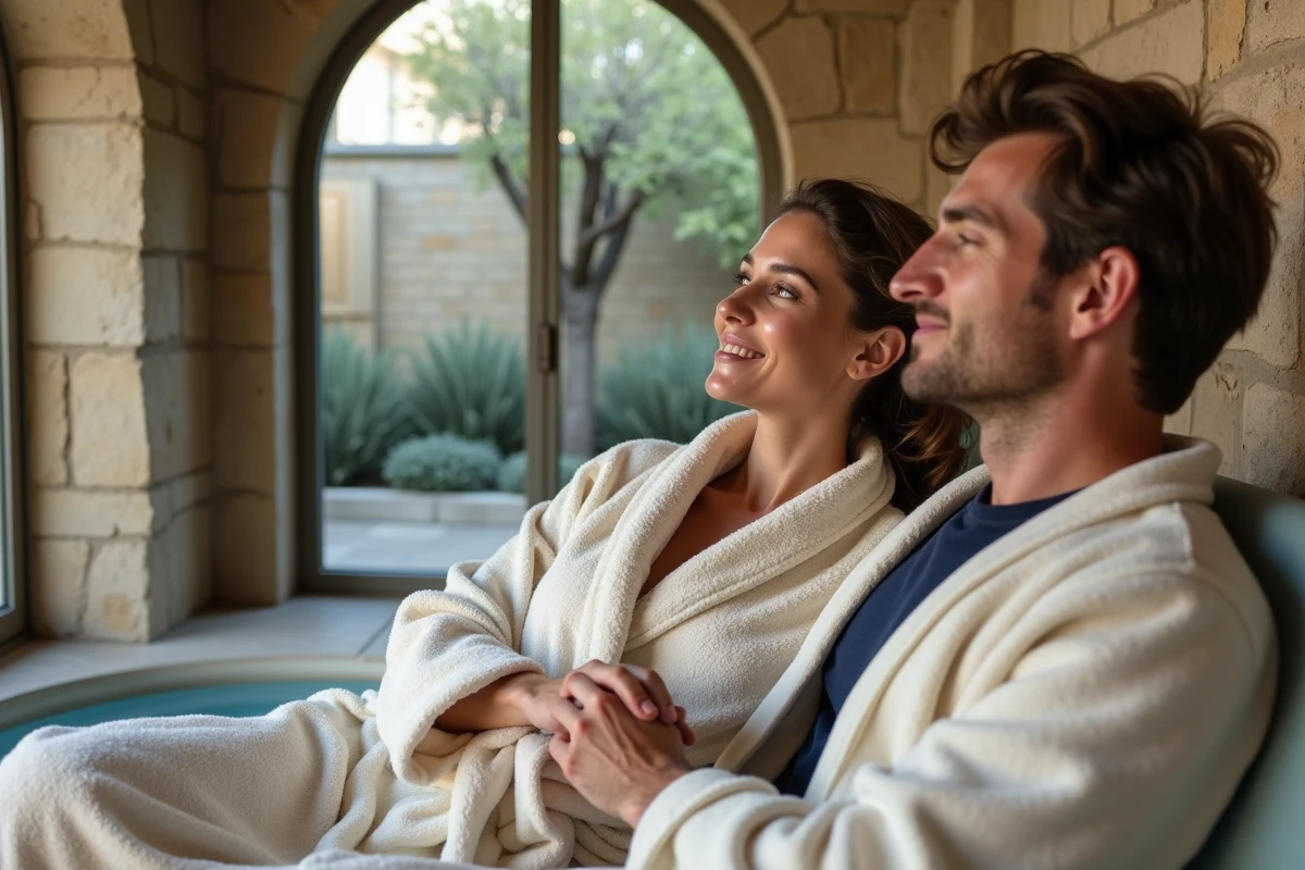 Couple se relaxant dans un spa privatif d'un hôtel de charme du Luberon pour un week-end romantique en PACA
