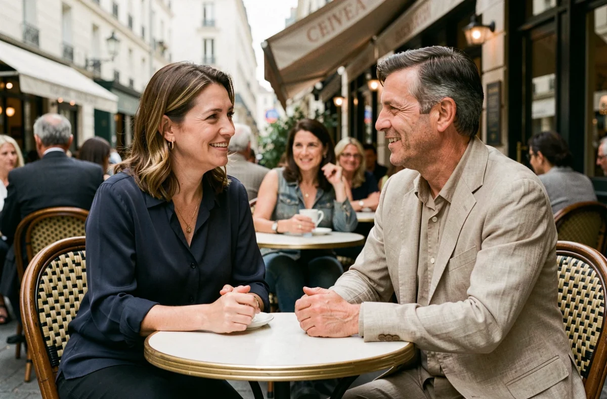 Couple complice attablé en terrasse de café parisien, ambiance romantique et décontractée