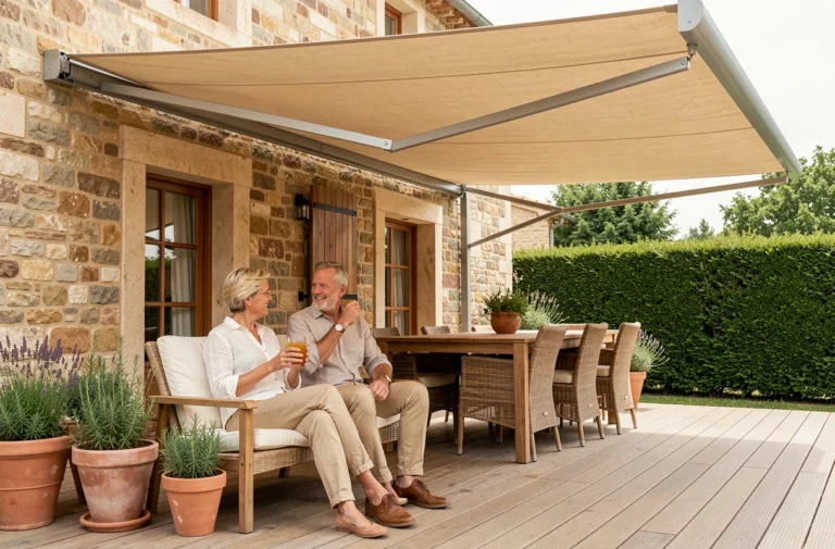Couple installé sous un store banne beige étendu sur une terrasse en bois avec mobilier de jardin et maison en pierre provençale