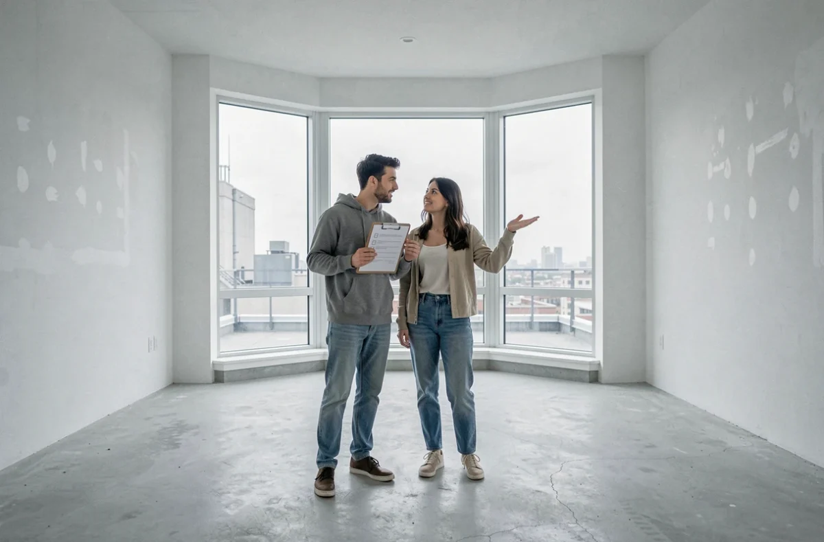 Couple visitant un appartement vide lors d'une visite de location avec checklist de critères