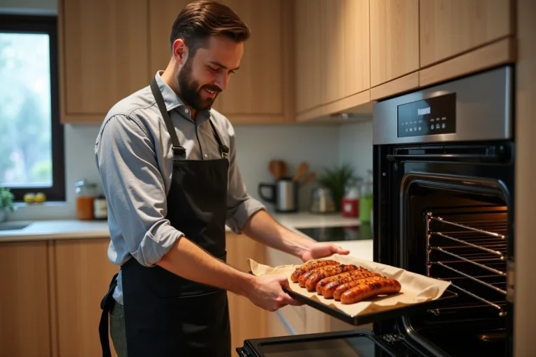 Homme en cuisine plaçant des merguez dans le four
