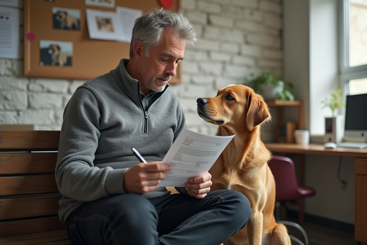 Homme remplissant un formulaire d'adoption canine dans un bureau de refuge avec un chien posant la tête sur ses genoux