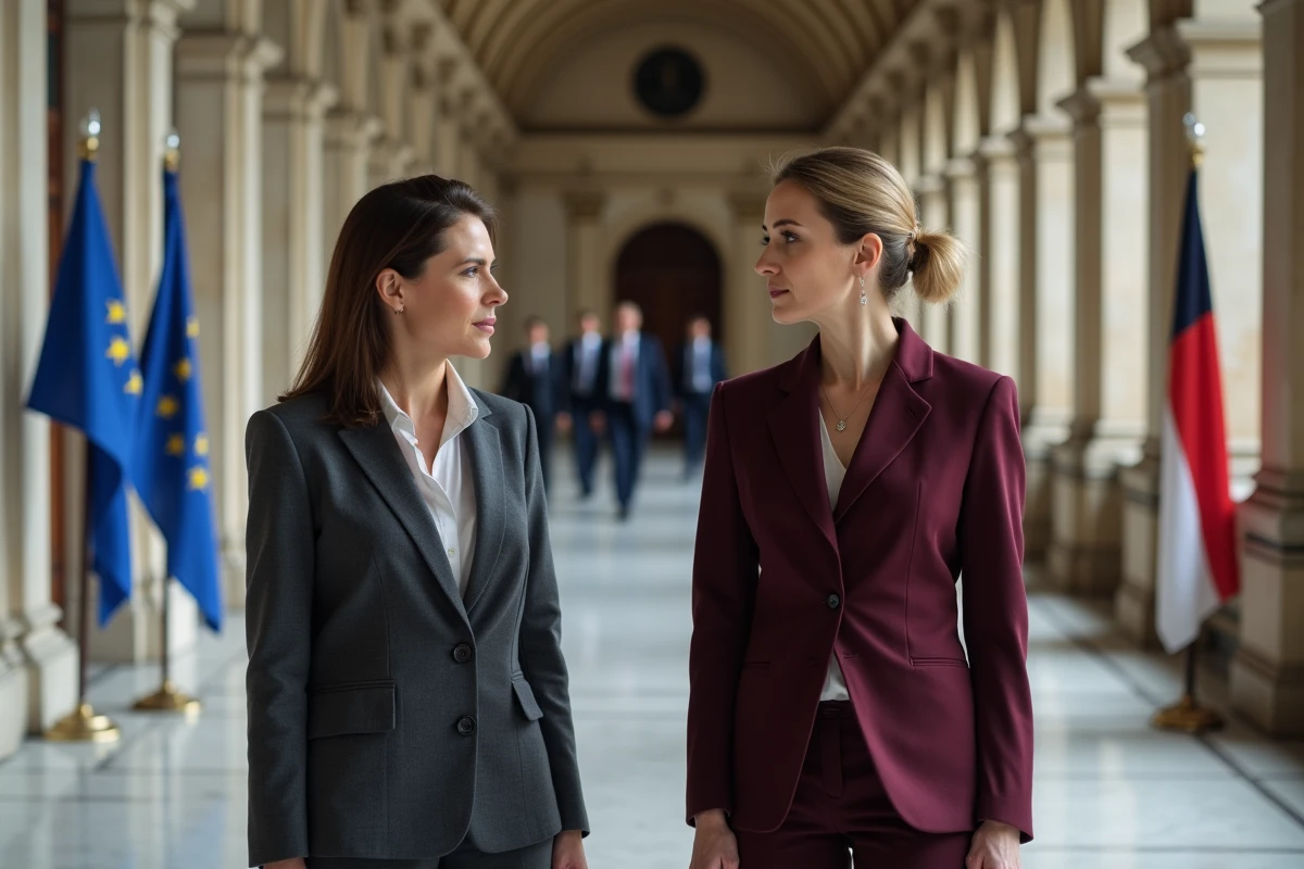 Deux diplomates féminines en discussion dans un couloir parlementaire aux sols en marbre