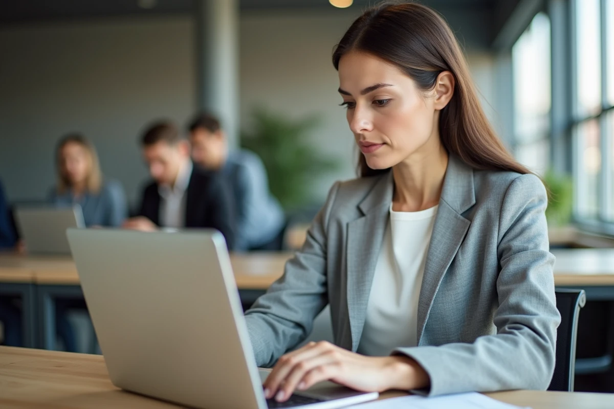 Employée consultant sa fiche de paie en ligne sur le portail Alis BNP Paribas depuis un ordinateur portable au bureau