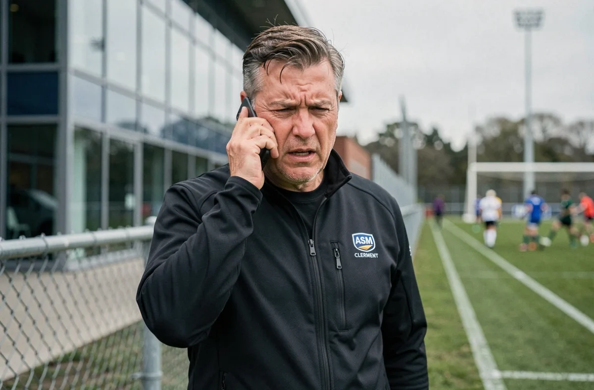 Entraîneur de l'ASM Clermont au téléphone en bordure du terrain, gérant les négociations de transfert en coulisses