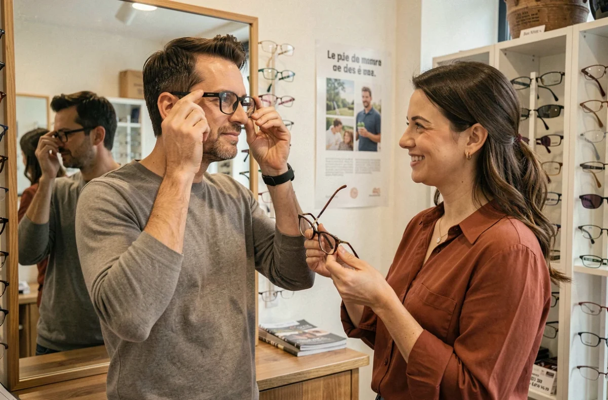 Un homme essaie des montures de lunettes conseillé par une assistante opticienne dans une boutique de quartier
