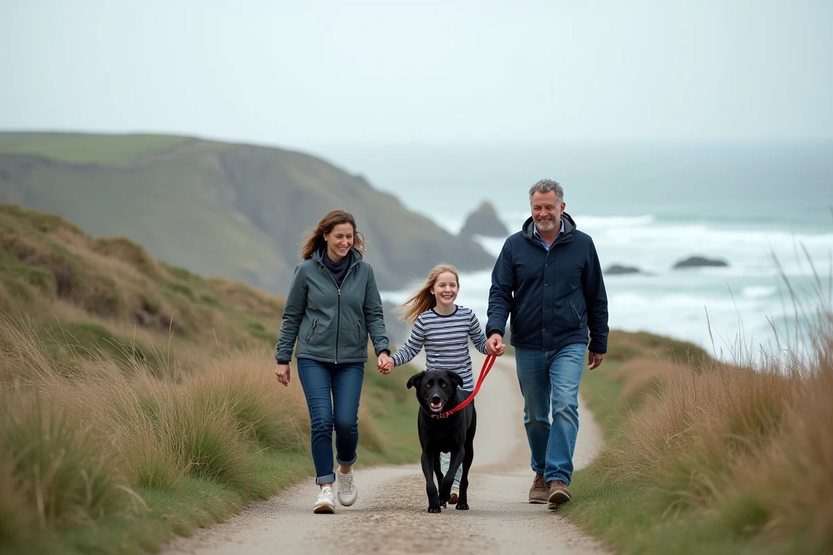Famille bretonne promenant son chien nouvellement adopté sur un sentier côtier face à la mer