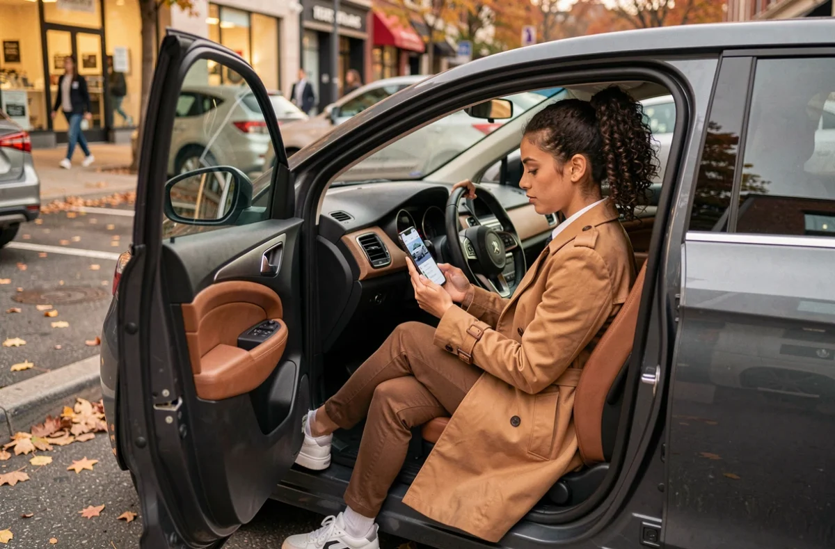 Jeune femme consultant une application d'entretien voiture sur smartphone, assise dans son véhicule en stationnement urbain automnal