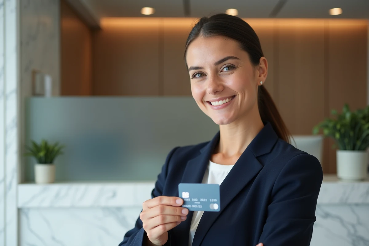 Femme professionnelle tenant une carte bancaire Crédit Agricole MCD dual sociétaire dans une agence bancaire moderne