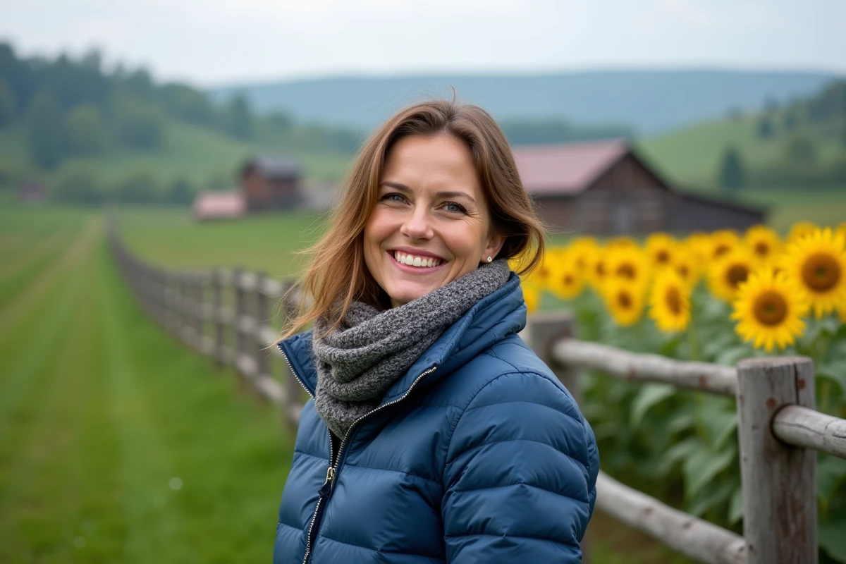 Femme souriante dans un champ de tournesols en Ukraine