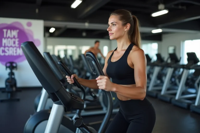 Femme utilisant un vélo elliptique dans une salle Basic Fit pour perdre du ventre
