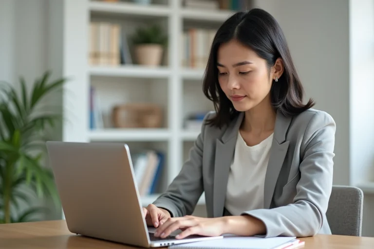 Femme suivant une formation en ligne sur son ordinateur portable dans un bureau à domicile moderne