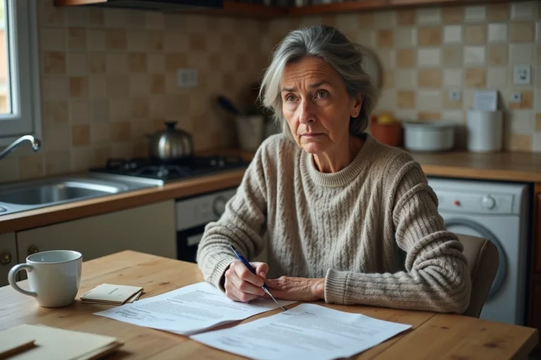 Femme remplissant un formulaire de demande d'aide financière de la mairie à son domicile