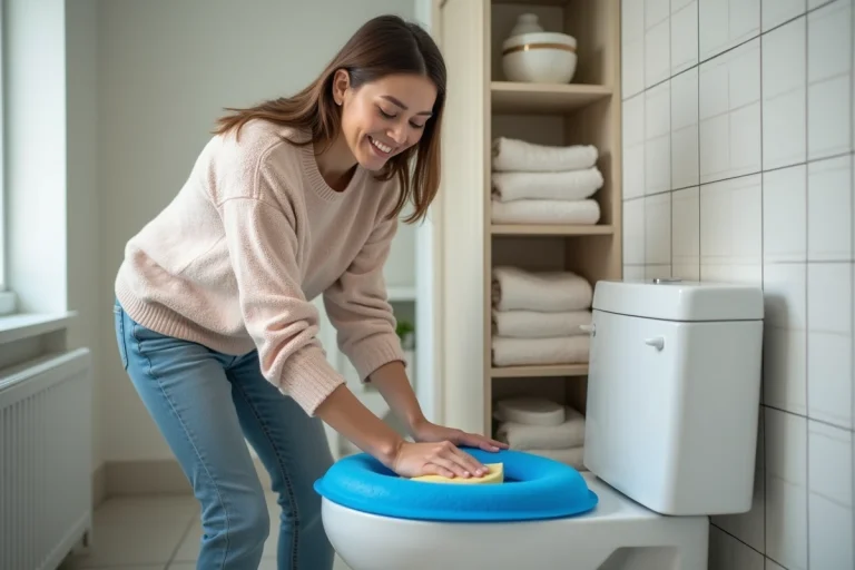 Femme nettoyant un siège de toilette en foam avec douceur