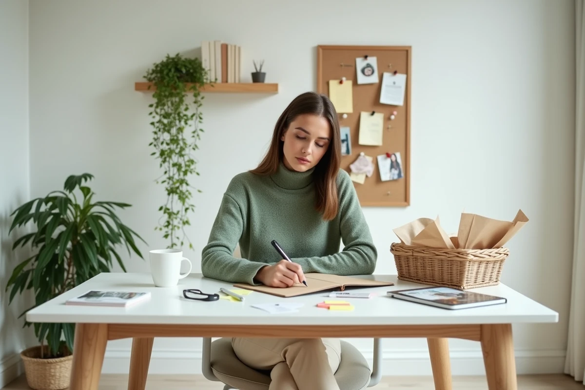 Jeune femme prenant des notes sur ses achats tendance entourée de colis et de coupures de magazines dans un bureau minimaliste