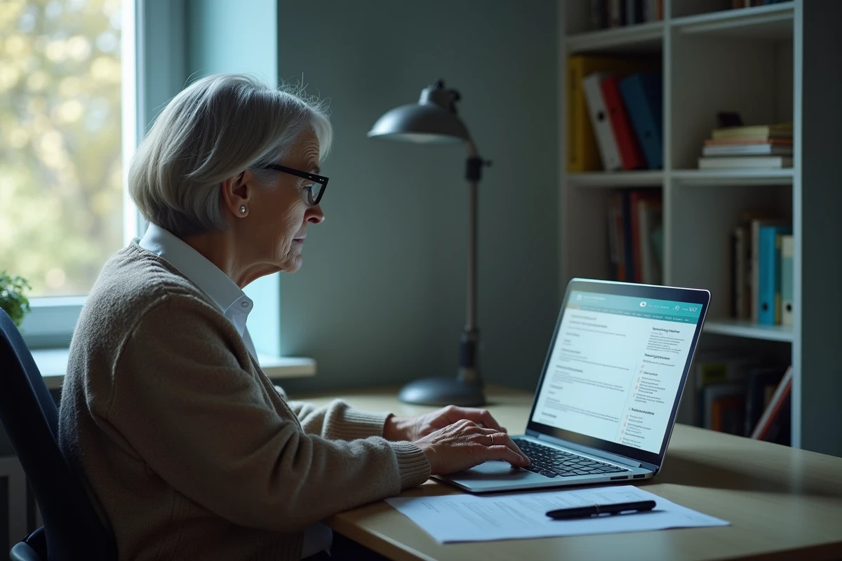 Femme âgée consultant le site internet de sa mairie pour demander une aide financière de 300 euros