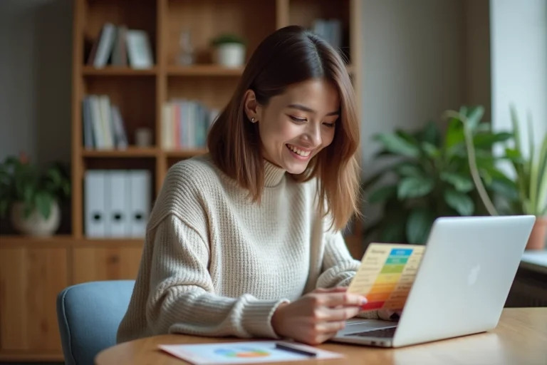 Femme souriante utilisant un ordinateur avec un bon cadeau