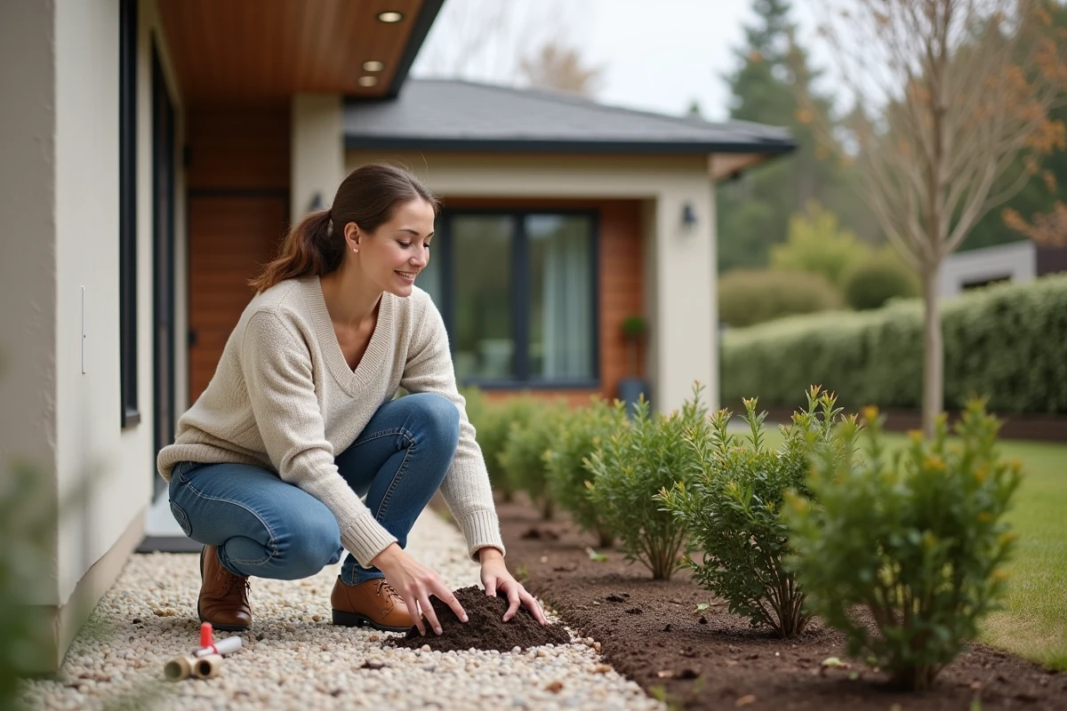 Jeune femme plantant des arbustes devant une maison moderne