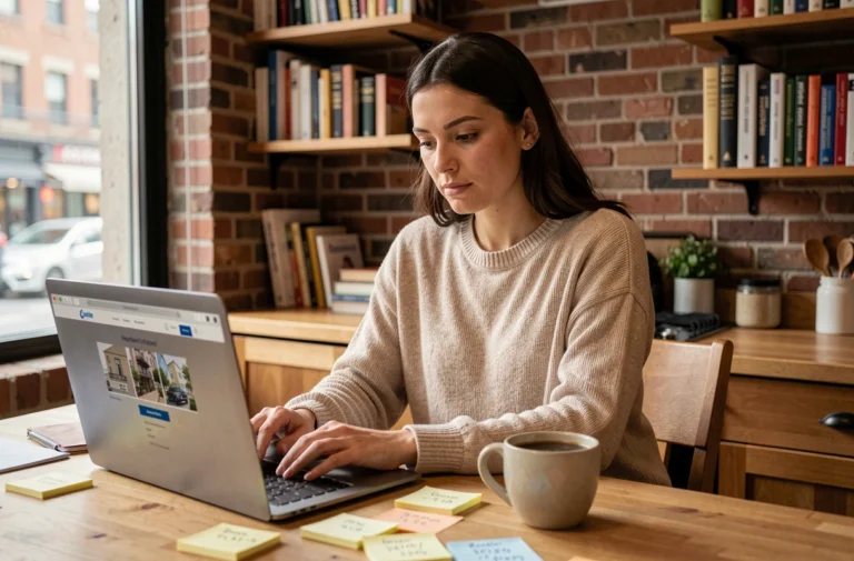 Femme consultant des annonces de location d'appartement sur son ordinateur portable avec un budget noté sur des post-it