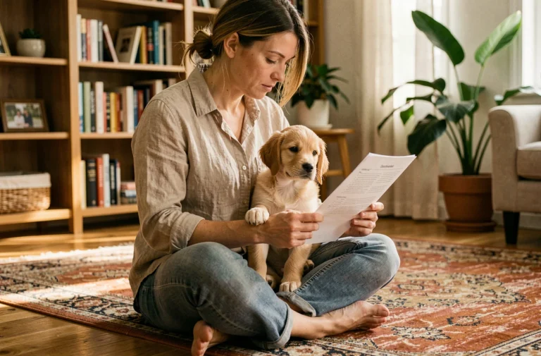 Femme responsable tenant un chiot golden retriever dans ses bras en lisant un test sur la maîtrise canine