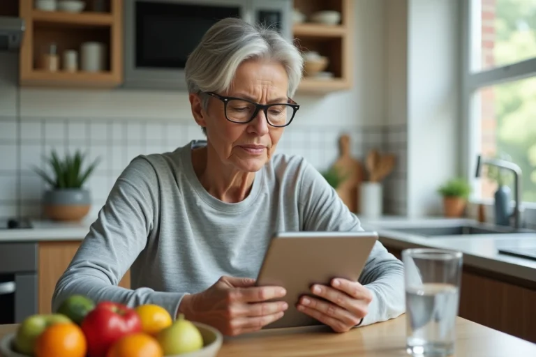 Femme d'âge moyen lisant conseils santé sur tablette