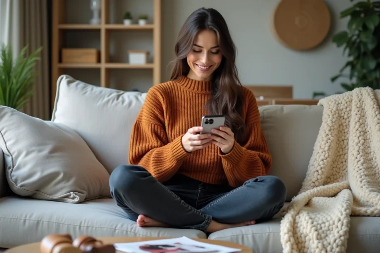 Femme faisant du shopping en ligne sur son smartphone depuis son canapé en lin gris dans un intérieur scandinave cosy