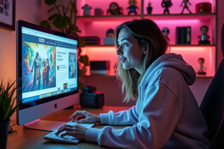 Jeune femme surprise devant un écran affichant des leaks de culture geek et pop culture