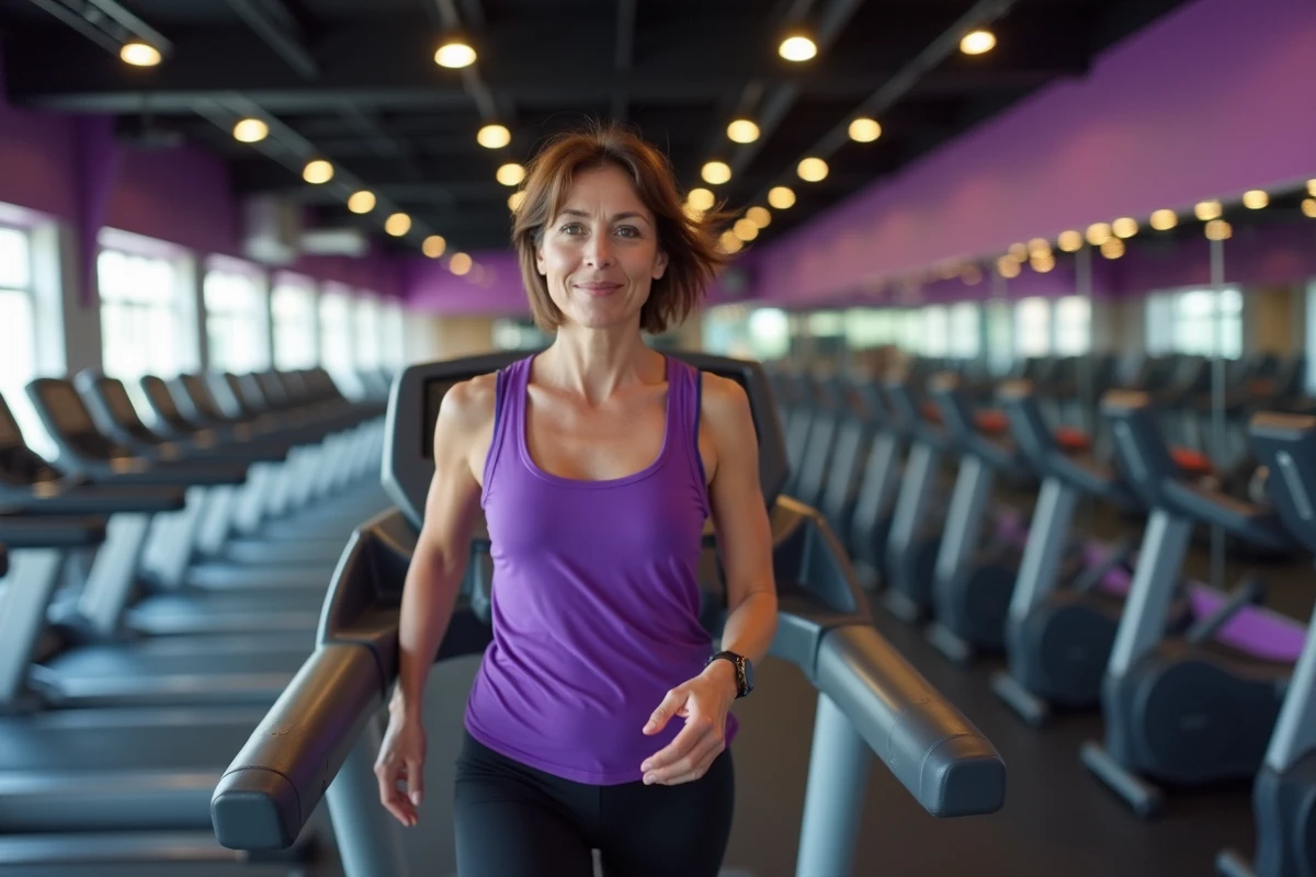 Femme marchant sur tapis roulant en salle Basic Fit pour éliminer la graisse abdominale