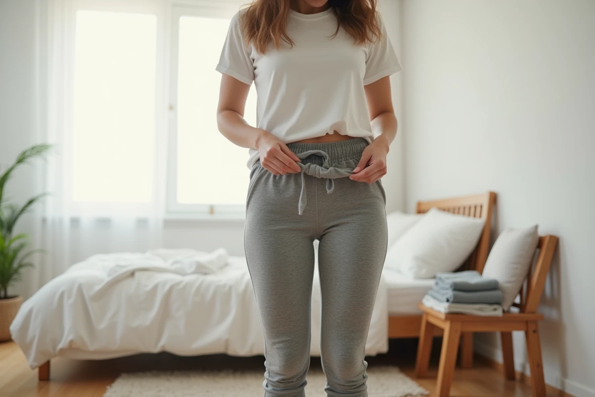 Femme inspectant la qualité du tissu d'un pantalon de sport Halara avant de passer commande en ligne