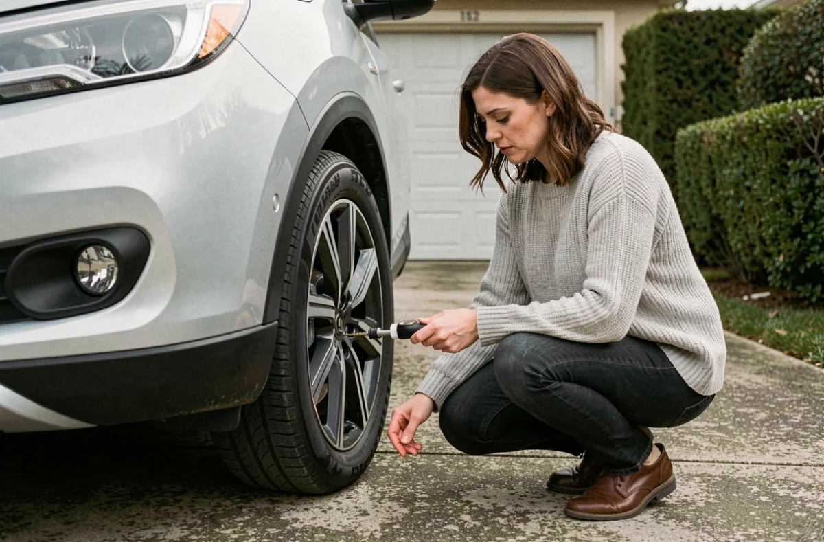 Femme vérifiant la pression des pneus de son SUV dans une allée résidentielle, conseil entretien voiture au quotidien