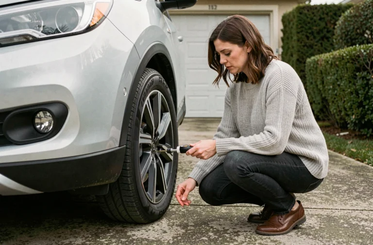Femme vérifiant la pression des pneus de son SUV dans une allée résidentielle, conseil entretien voiture au quotidien