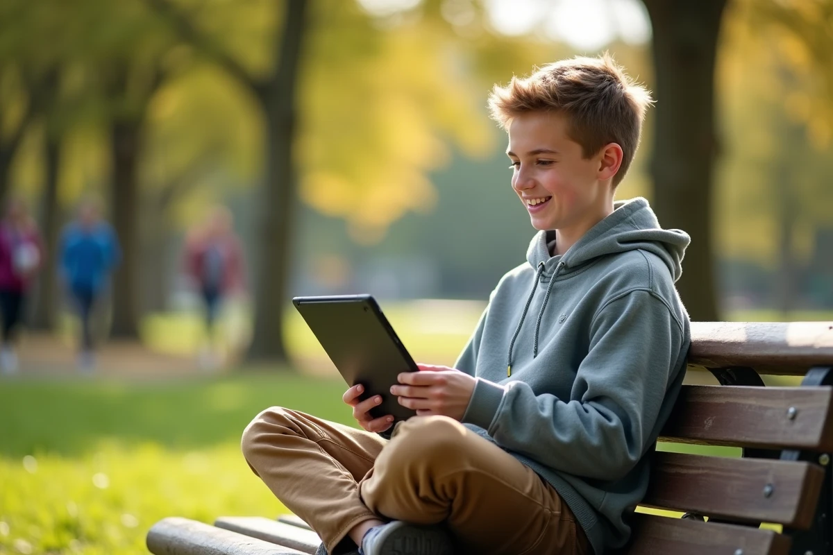 Adolescent souriant utilisant une tablette dans un parc ensoleille