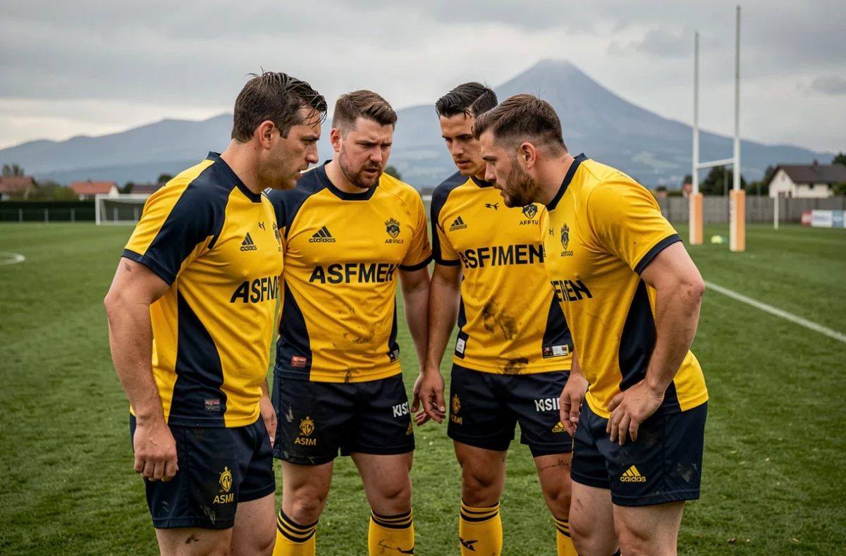 Groupe de joueurs de l'ASM Clermont en discussion sérieuse sur le terrain d'entraînement, dynamique d'équipe affectée par les rumeurs