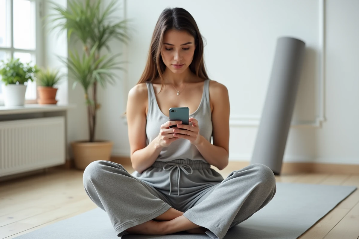 Femme consultant un guide des tailles sur smartphone pour commander un pantalon Halara en ligne