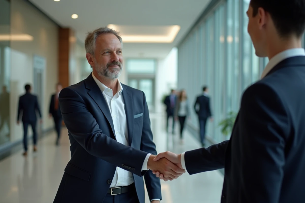 Homme daffaires serrant la main dun recruteur dans un hall professionnel