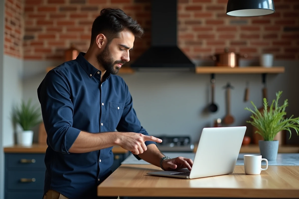 Homme comparant des produits sur un laptop dans une cuisine urbaine moderne avec mur en briques apparentes